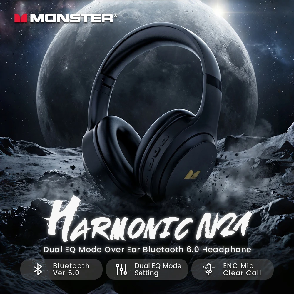Anc Wireless Over Ear Headphones - Monster Harmonic N21 Bluetooth 6.0 ヘッドホン。デュアルEQモード搭載。臨場感あふれるステレオサウンド。マイク付きの有線/ワイヤレスオーバーイヤーヘッドセット。